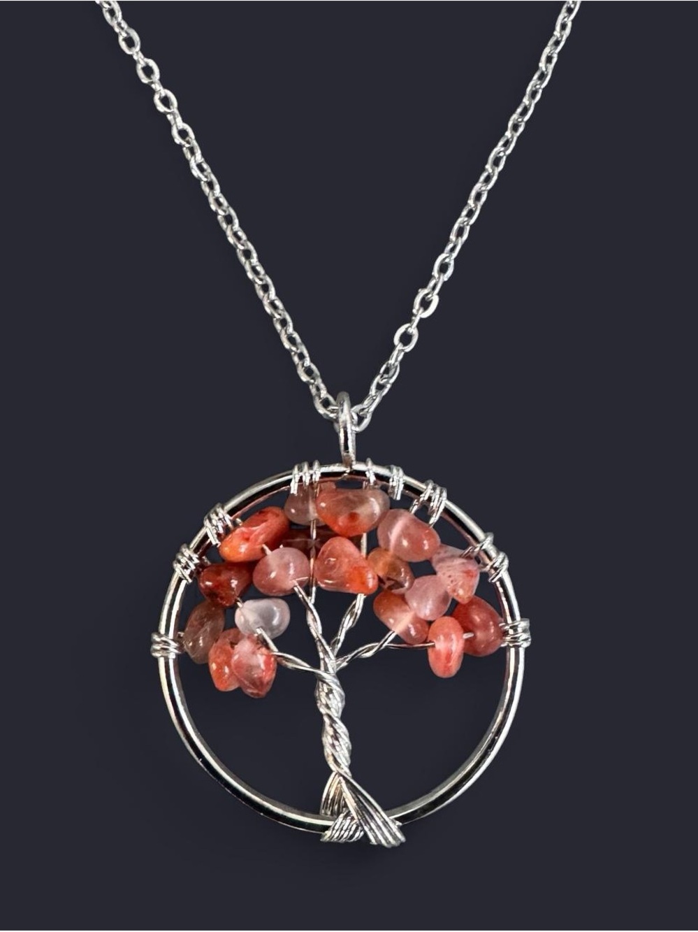 Carnelian Agate Tree of Life Silver Necklace